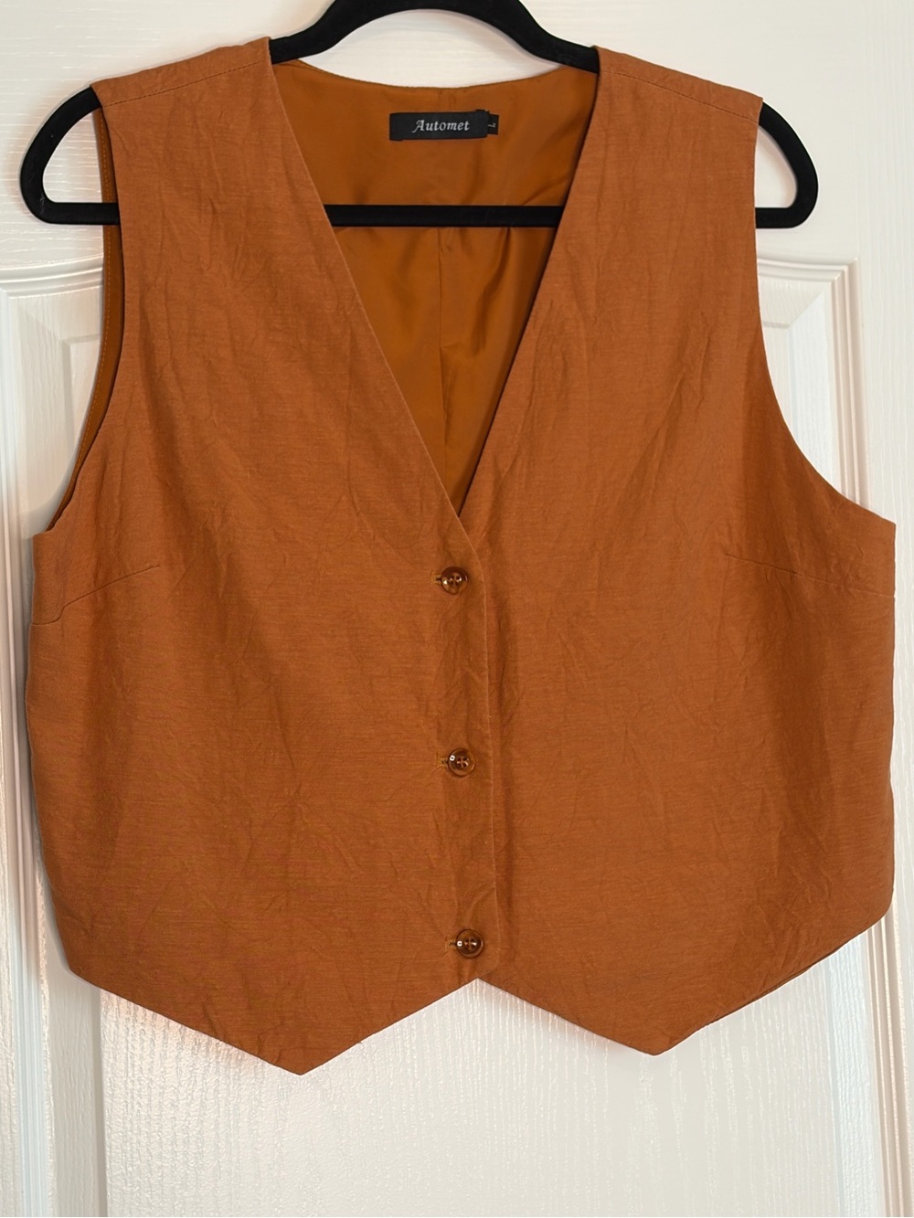 Rust Orange Linen V-Neck Button Front Cropped Vest